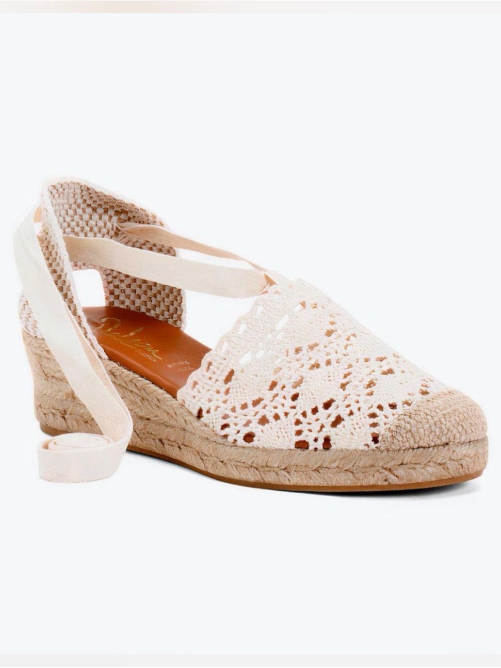 Women’s Crochet Espadrille Wedges with Ankle Tie - Cream